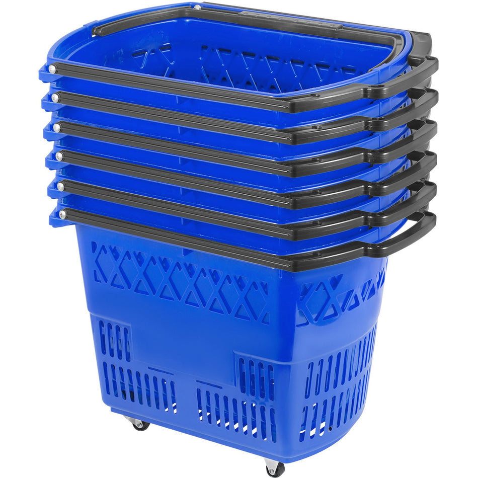 6Pcs Shopping Carts Blue Shopping Baskets With Handles Plastic Rolling Shopping Basket With Wheels Portable Shopping Basket Set For Retail Store