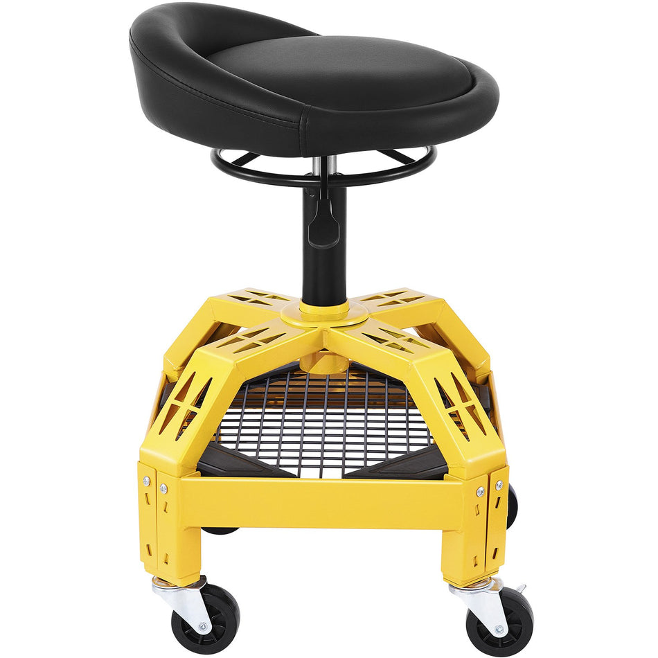 Rolling Garage Stool 300Lbs Capacity Adjustable Height From 24 In To 287 In Mechanic Seat With 360 Degree Swivel Wheels And Tool Tray For Workshop Auto Repair Shop Yellow