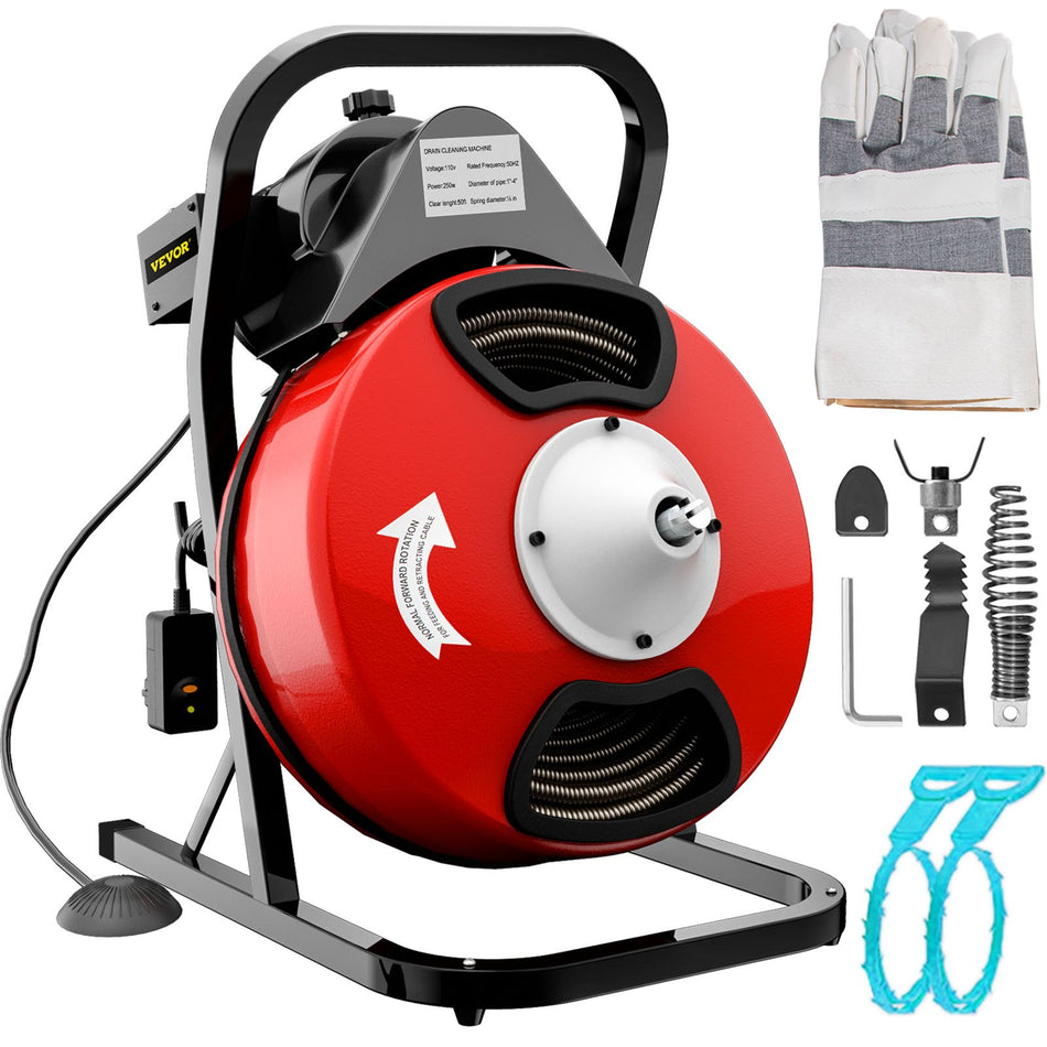 50Ftx12Inch Drain Cleaner Machine Electric Drain Auger With 4 Cutter Foot Switch Drain Cleaner Machine Sewer Snake Drill Drain Auger Cleaner For 1 To 4 Pipes