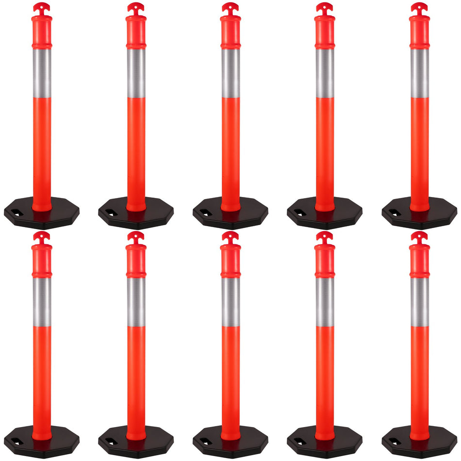 10Pack Traffic Delineator Posts 44 Inch Height Pe Channelizer Cones Post Kit 10 Inch Reflective Band Delineators Post With Rubber Base 16 Inch For Construction Sites Facility Management Etc