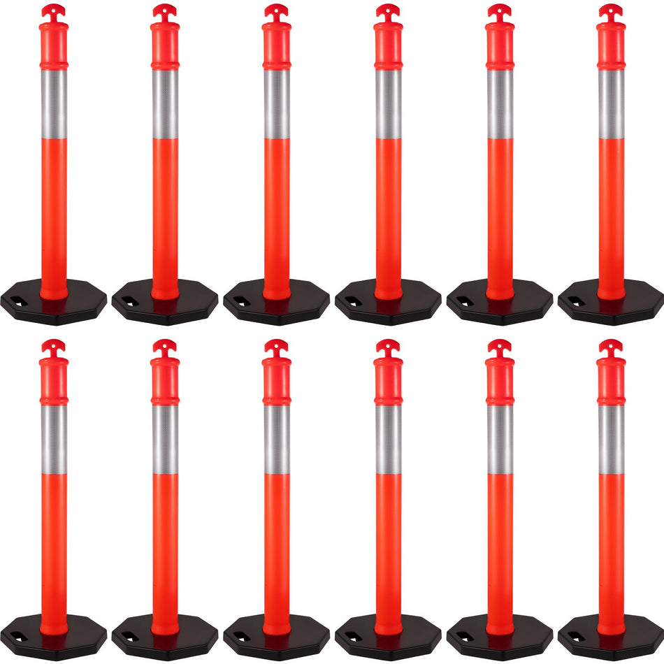 12Pack Traffic Delineator Posts 44 Inch Height Channelizer Cones Post Kit 10 Inch Reflective Band Delineators Post With Rubber Base 16 Inch For Construction Sites Facility Management Etc