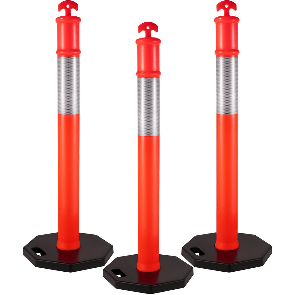 3Pack Traffic Delineator Posts 44 Inch Height Orange Delineator Cones With Rubber Base 16 Inch Pe Delineator Post Kit 10 Inch Reflective Band For Construction Sites Facility Management Etc