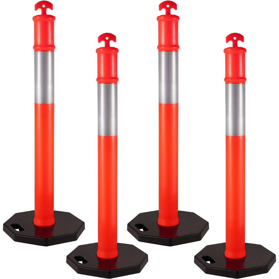 4Pack Traffic Delineator Posts 44 Inch Height Pe Delineator Post Kit 10 Inch Reflective Band Orange Delineator Cones With Rubber Base 16 Inch For Construction Sites Facility Management Etc