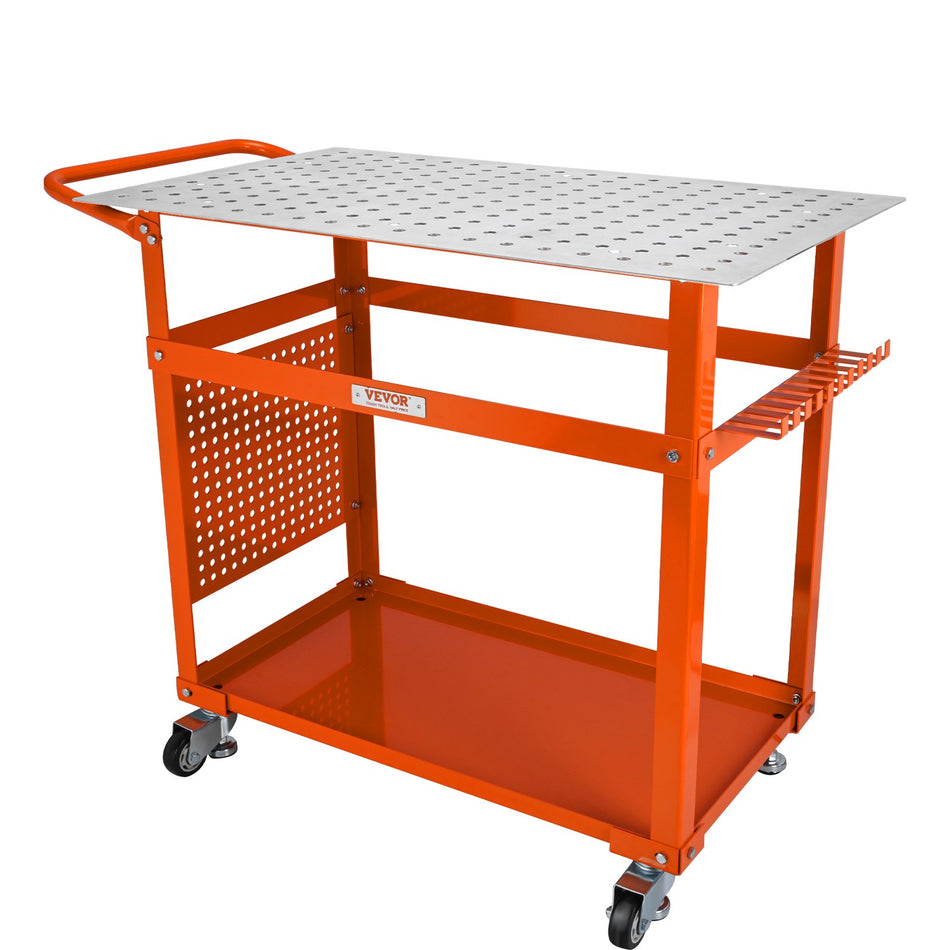 Welding Table 36 X 24 Inch 600Lbs Load Capacity Steel Welding Workbench Table On Wheels Portable Work Bench With Double Layer Storage Board 58 Inch Fixture Holes 11 Hooks