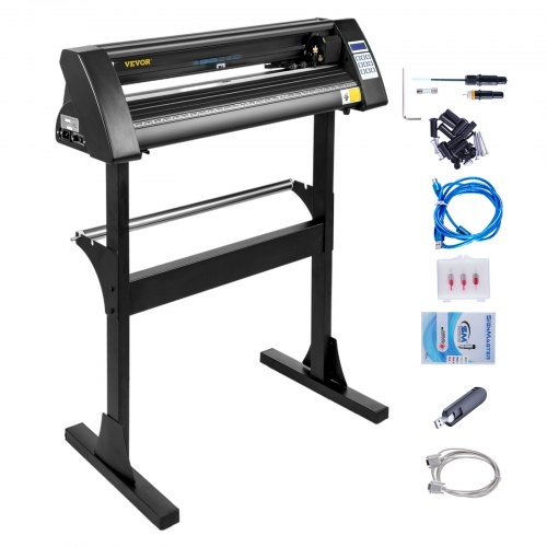 Vinyl Cutter Machine 28 Inch Paper Feed Cutting Plotter Bundle Adjustable Force Speed Vinyl Printer Lcd Display Windows Compatible Sign Making Kit Wsignmaster Sturdy Stand 3Blades Black