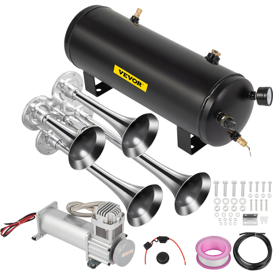 Train Horns Kit For Trucks Train Horn Kit 150Db 26 Gal Train Air Horn Kit For Truck 12V Train Horn For Complete Kit 200Psi Train Horn For Car 4 Stainless Steel Trumpets For Car Truck Black