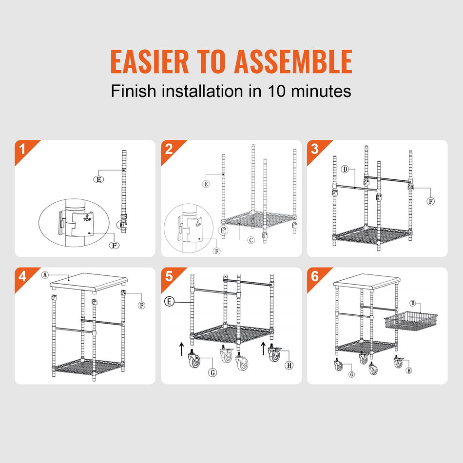 3 Tier Utility Cart Rolling Cart On Wheels 24X20X366 470 Lbs 6 Hooks