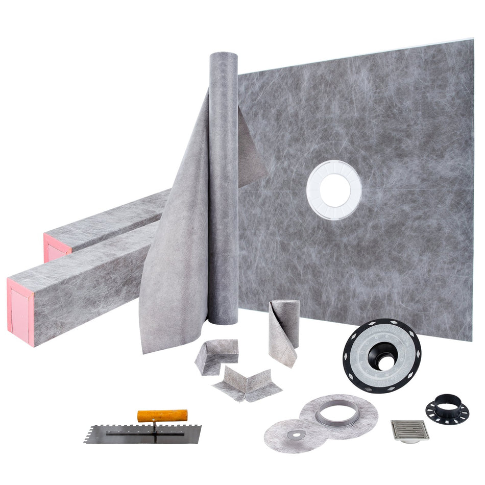 Shower Curb Kit 48X48 Watertight Shower Curb Overlay With 4 Pvc Central Bonding Flange 4 Stainless Steel Grate 2 Cuttable Shower Curb And Trowel Shower Pan Slope Sticks Fit For Bathroom