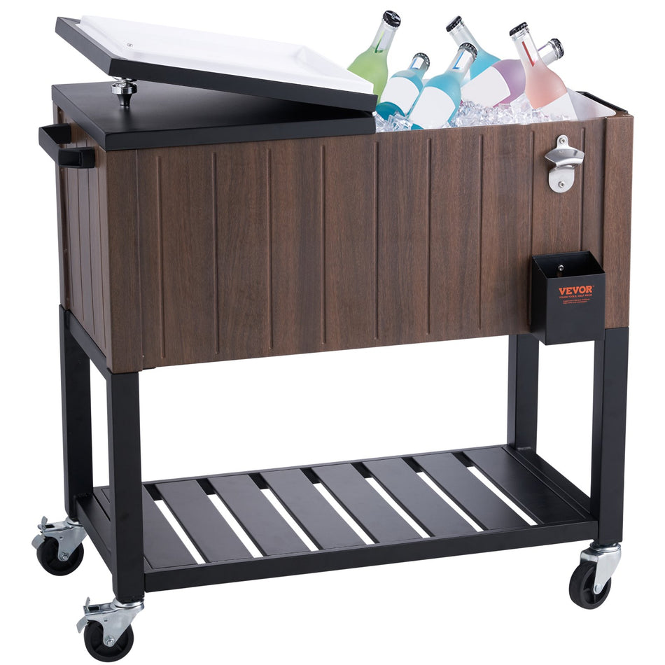 Rolling Ice Chest Cooler Cart 80 Quart Portable Bar Drink Cooler Beverage Bar Stand Up Cooler With Wheels Bottle Opener Handles For Patio Backyard Party Pool Wooden Teak Accent Brown