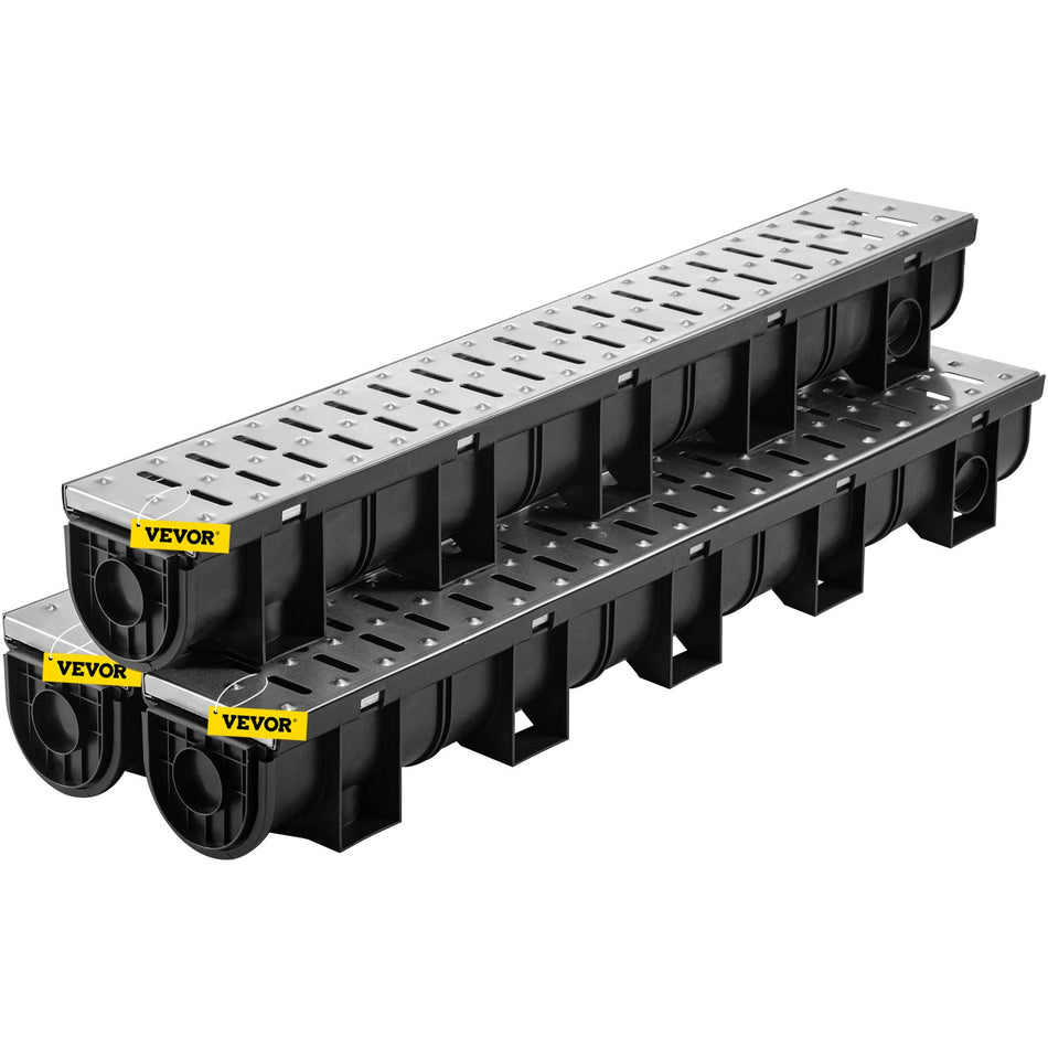 Trench Drain System Channel Drain With Metal Grate 59X51 Inch Hdpe Drainage Trench Black Plastic Garage Floor Drain 3X39 Trench Drain Grate With 3 End Caps For Garden Driveway 3 Pack