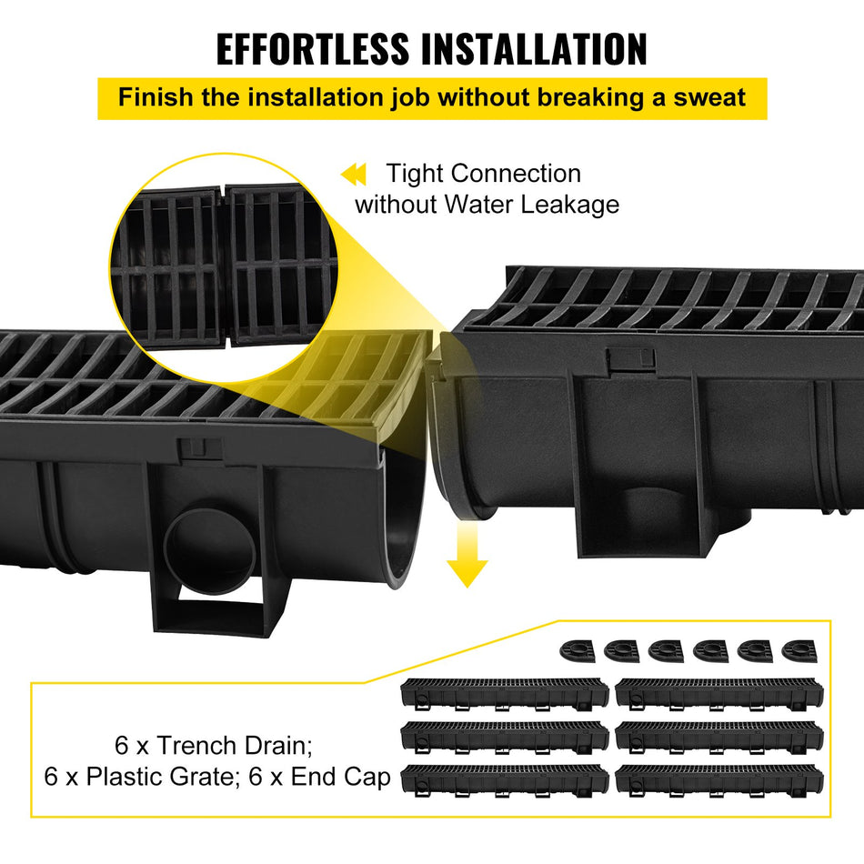 Trench Drain System Channel Drain With Plastic Grate 59X51 Inch Hdpe Drainage Trench Black Plastic Garage Floor Drain 6X39 Trench Drain Grate With 6 End Caps For Garden Driveway 6 Pack