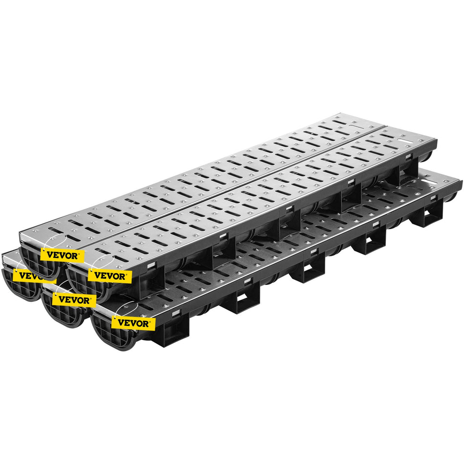 Trench Drain System Channel Drain With Metal Grate 57X31 Inch Hdpe Drainage Trench Black Plastic Garage Floor Drain 5X39 Trench Drain Grate With 5 End Caps For Garden Driveway 5 Pack