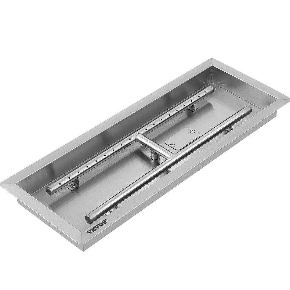 255X10 Inch Stainless Steel Rectangular Built In Fire Pit Pan With H Burner 90K Btu Silver