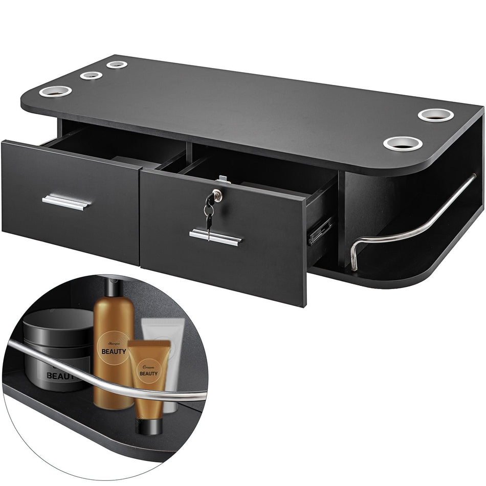 White Wall Mount Styling Station Classic Locking 2 Drawers Storage Beauty Salon Equipment 5 Hair Dryer Holes Locking Cabinet For Beauty Salon Or Spa Barber Shop Home Bathroom