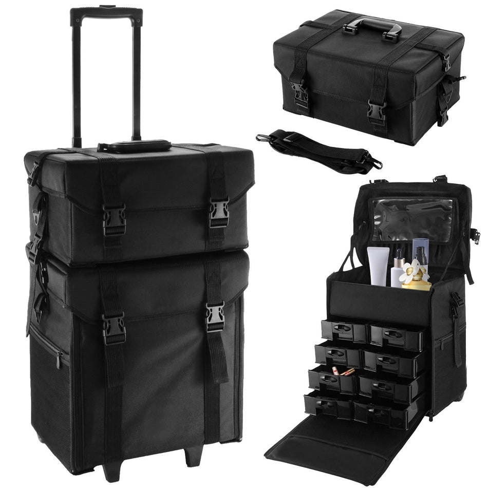 2 In 1 Nylon Rolling Makeup Case With Wheels Travel Cosmetic Cases Detachable Professional Rolling Trolley Makeup Travel Case Oxford Vanity Portable Makeup Artist Organizer Box