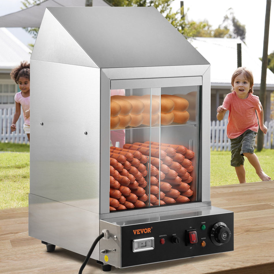 1200W Commercial Hot Dog Steamer 2 Tier Electric Bun Warmer W Slide Doors