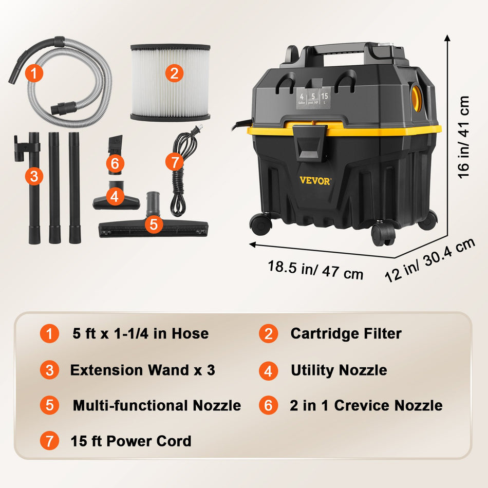 Wet Dry Vac 4 Gallon 5 Peak Hp 3 In 1 Shop Vacuum With Blowing Function Portable Attachments To Clean Floor Upholstery Gap Car Etl Listed Black