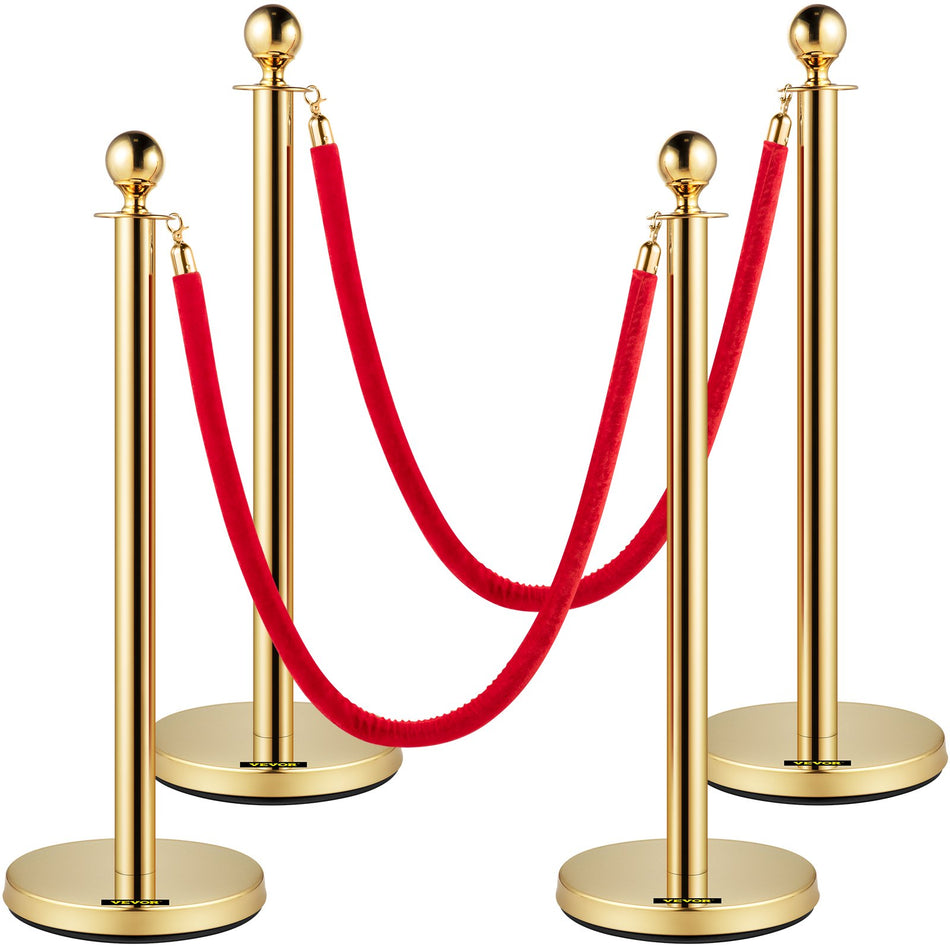 Velvet Ropes And Posts 5 Ft15 M Red Rope Stainless Steel Gold Stanchion With Ball Top Red Crowd Control Barrier Used For Theaters Party Wedding Exhibition Ticket Offices 4 Packsets