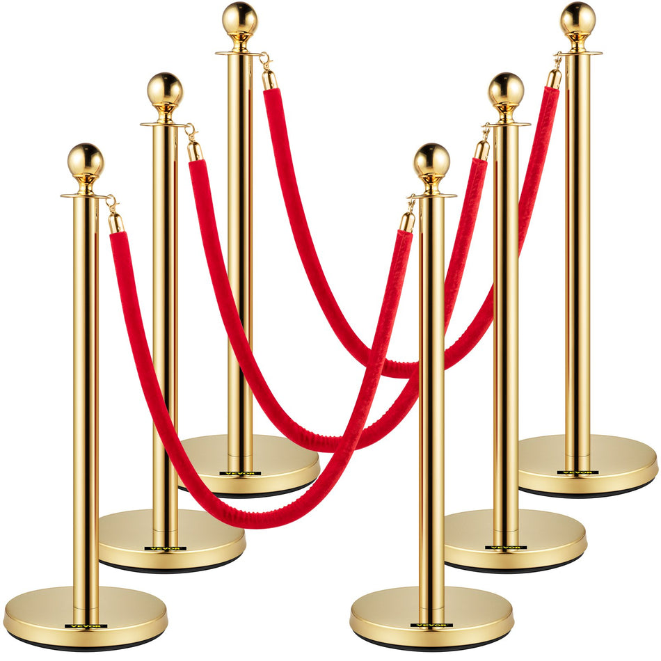 Velvet Ropes And Posts 5 Ft15 M Red Rope Stainless Steel Gold Stanchion With Ball Top Red Crowd Control Barrier Used For Theaters Party Wedding Exhibition Ticket Offices Pack Sets 6
