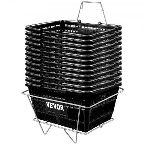 Shopping Basket Set Of 12 Black Durable Pe Material With Handle And Stand Basket Dimension 169L X 118W X 807H And Used For Supermarket Retail Grocery  Holds 21 L Of Merchandise