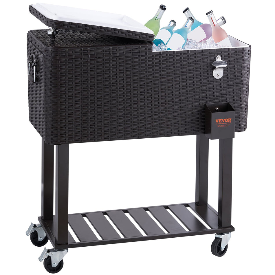 Rolling Ice Chest Cooler Cart 80 Quart Portable Bar Drink Cooler Beverage Bar Stand Up Cooler With Wheels Bottle Opener Handles For Patio Backyard Party Pool Wooden Rattan Accent Brown
