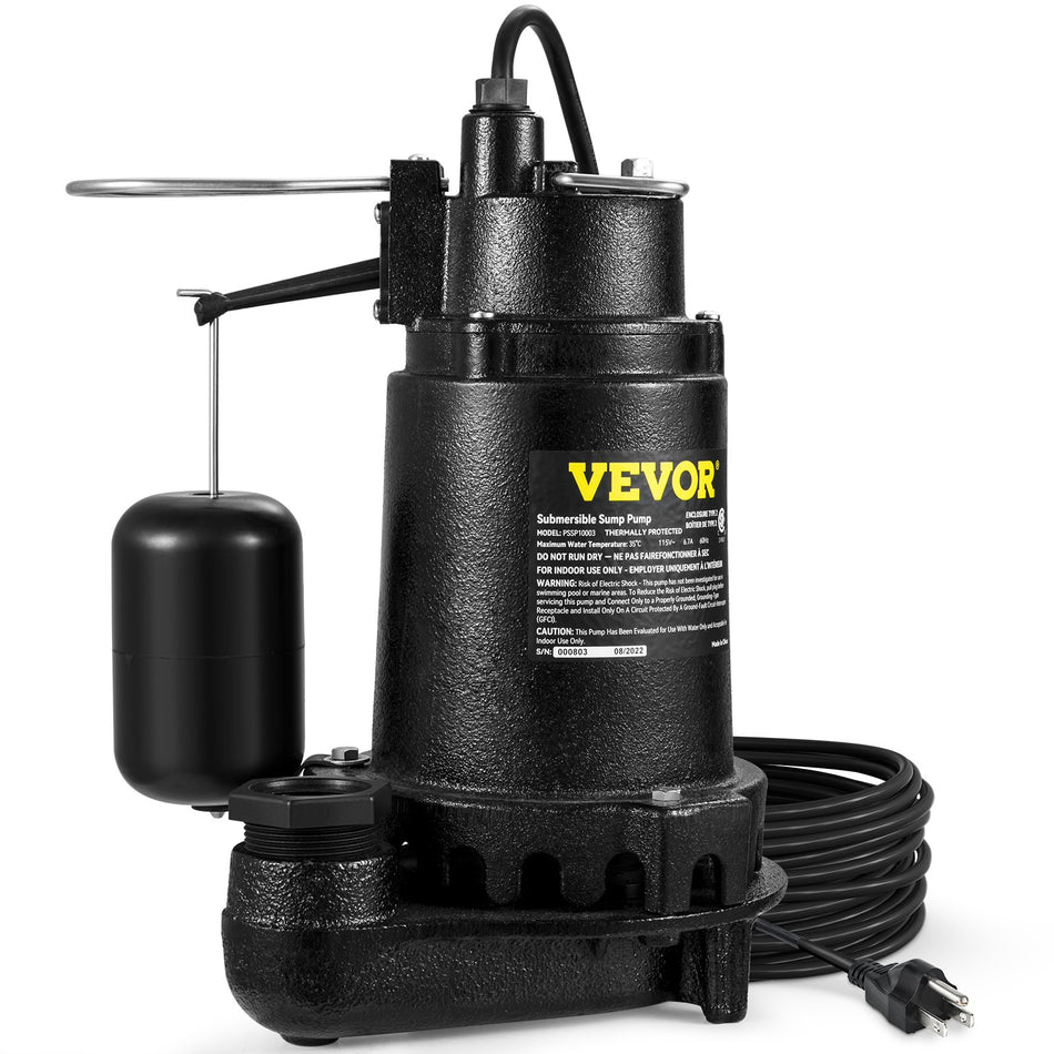 1Hp Sewage Pump 5600 Gph Cast Iron Submersible Sump Pump With Automatic Snap Action Float Switch Heavy Duty Submersible Sewage Effluent Pump For Septic Tank Basement Flooding Area