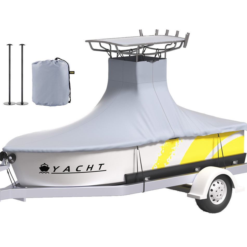 T Top Boat Cover Fit For 22 24 Boat Heavy Duty 600D Marine Grade Oxford Hard Top Cover Uv Resistant Waterproof Center Console Boat Cover W 2 Support Poles And 7 Wind Proof Straps Gray