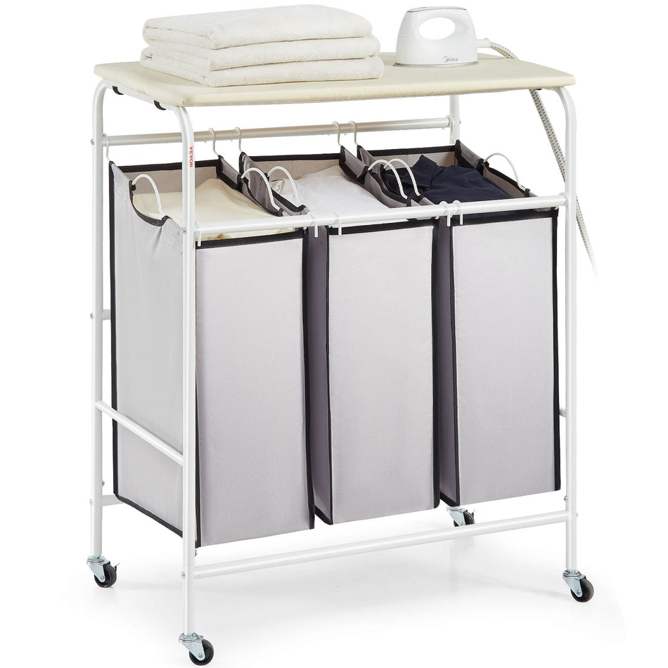 3 Section Laundry Sorter Cart With Ironing Board Laundry Hamper With Heavy Duty Lockable Wheels And 3 Removable Bag Rolling Laundry Basket Sorter For Clothes Storage