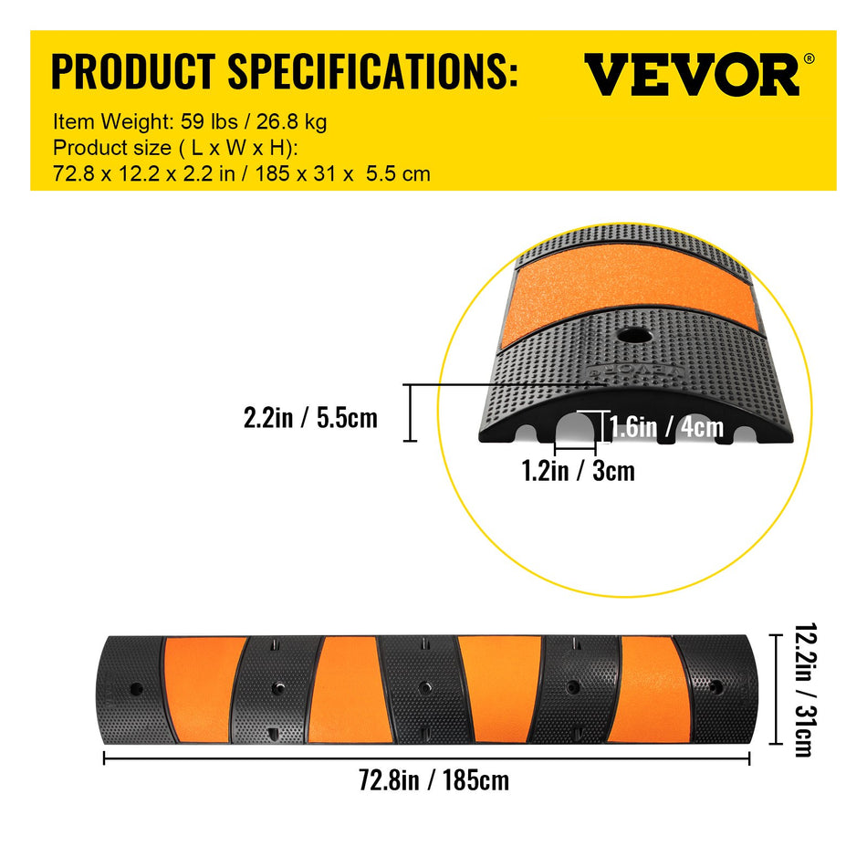 Rubber Speed Bump 1 Pack 2 Channel Speed Bump Hump 72 Long Modular Speed Bump Rated 22000 Lbs Loading 728 X 122 X 22 Garage Speed Bump For Asphalt Concrete Gravel Driveway With 2 End Cap