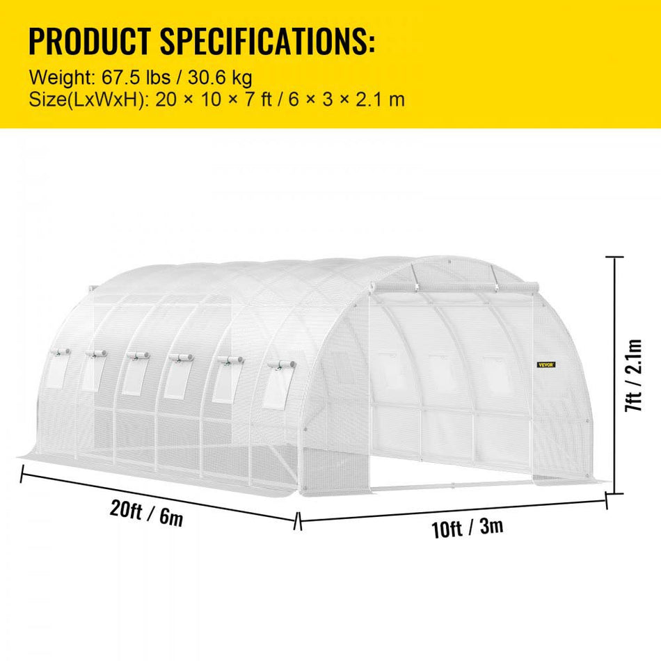Walk In Tunnel Greenhouse Galvanized Frame Waterproof Cover 20X10X7 Ft Greenhouses Cold Frames White Color