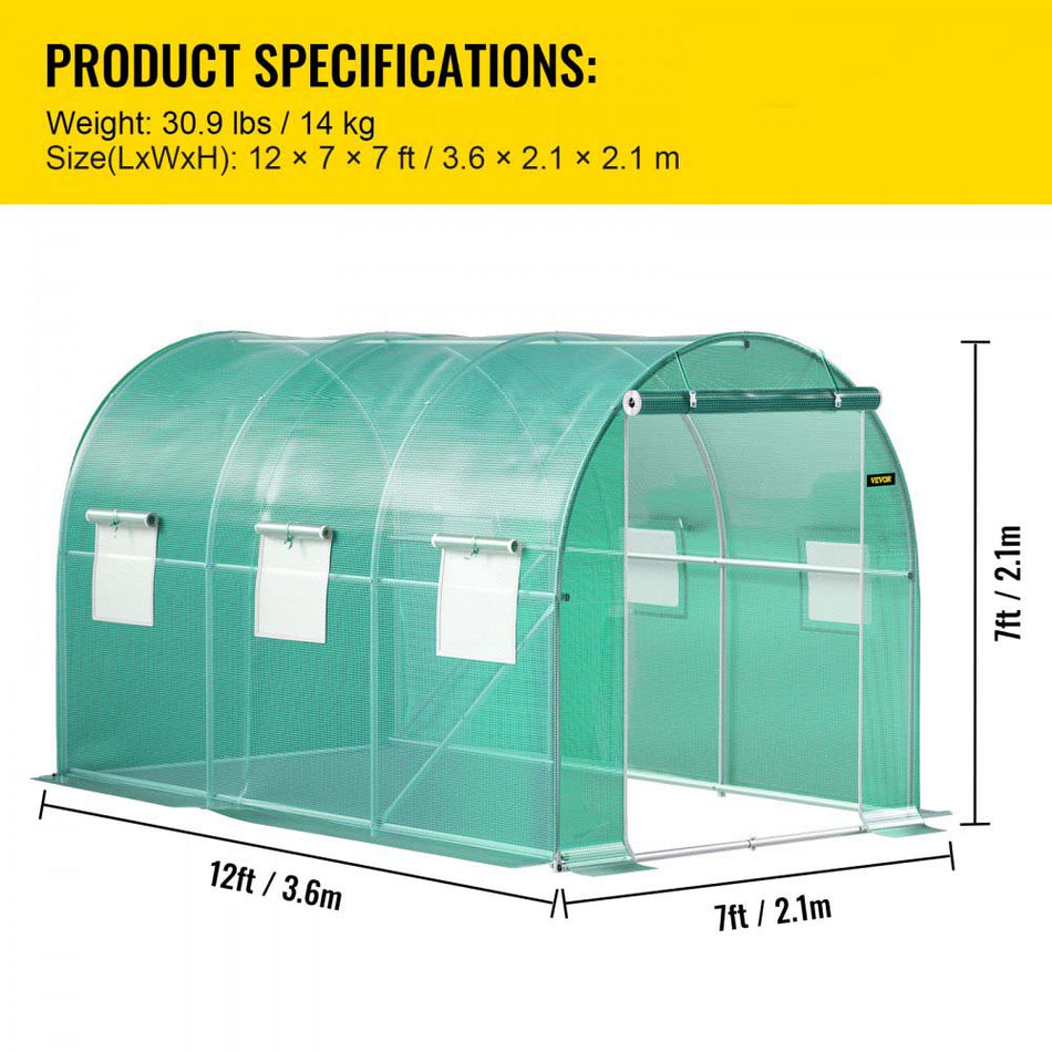 Walk In Tunnel Greenhouse Galvanized Frame Waterproof Cover 12X7X7 Ft Greenhouses Cold Frames Green Color