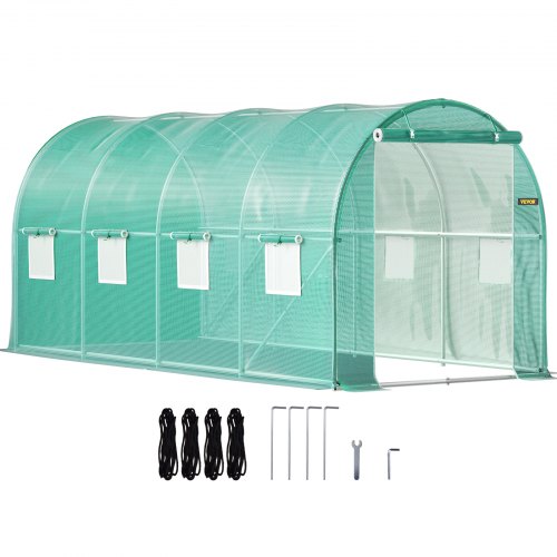 Walk In Tunnel Greenhouse 15 X 7 X 7 Ft Portable Plant Hot House W Galvanized Steel Hoops 1 Top Beam Diagonal Poles Zippered Door 8 Roll Up Windows Green