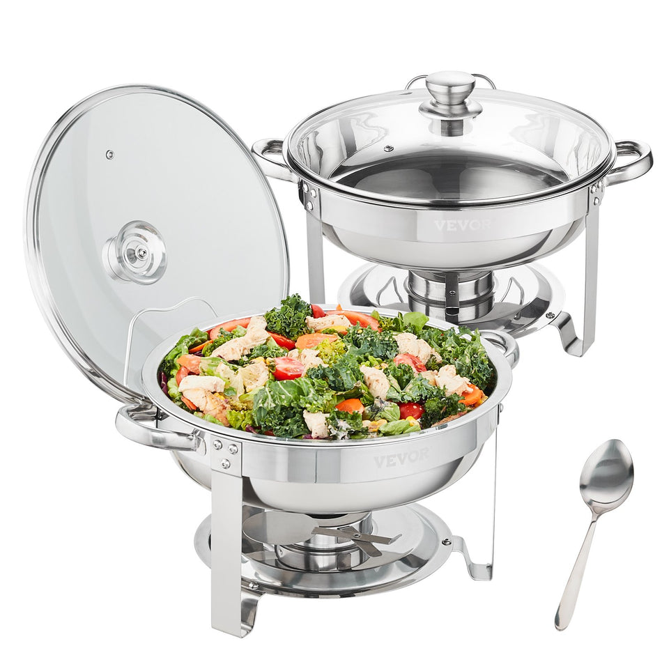 2 Pack Round Chafing Dish Set With Full Size 4Qt Pan Glass Lid Fuel Holder