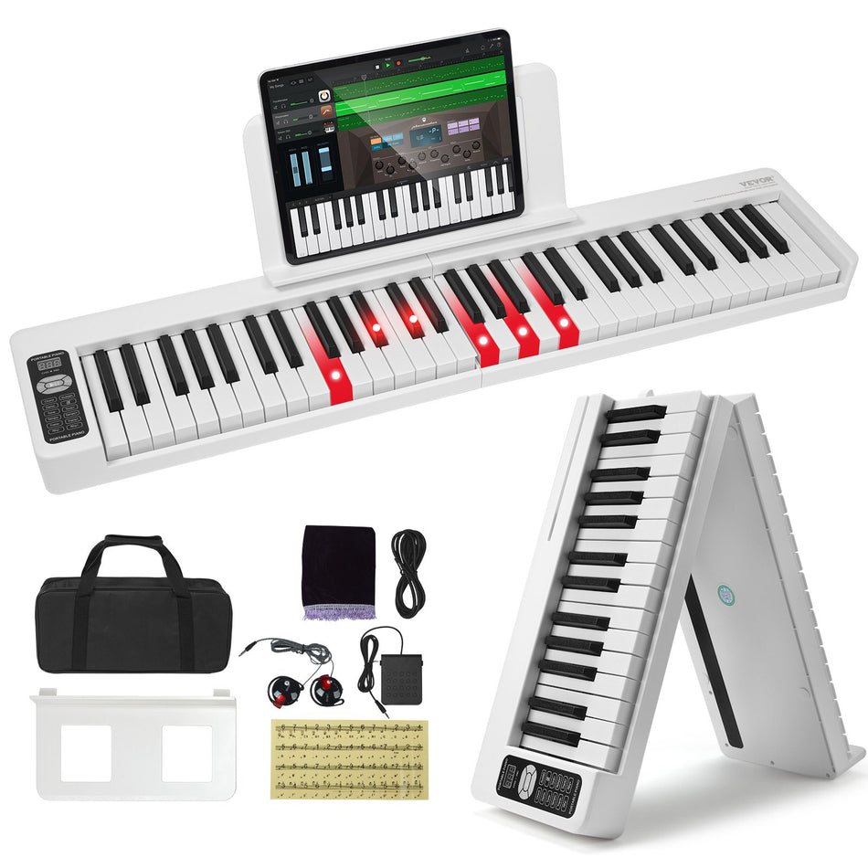 61 Key Folding Keyboard Piano Portable Foldable Piano Bluetooth Midi White