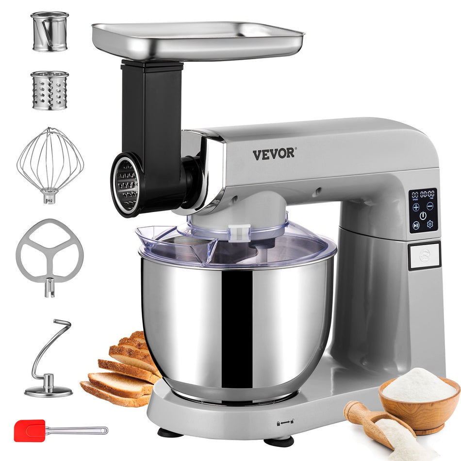 6 In 1 Stand Mixer 450W Tilt Head Multifunctional Electric Mixer With 6 Speeds Lcd Screen Timing 74Qt Stainless Bowl Dough Hook Flat Beater Whisk Scraper Grinder Stuffer Slicer   Gray