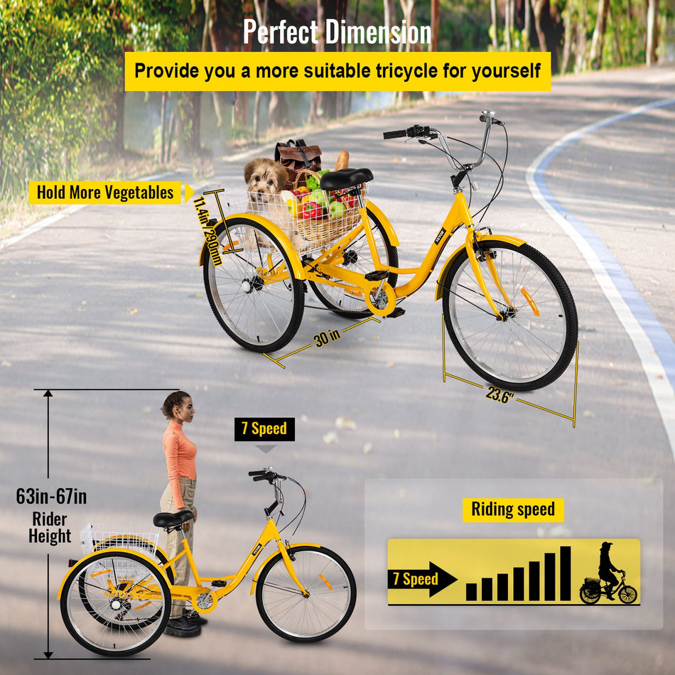 7 Speed 3 Wheel Adult Tricycle 24 Yellow Trike Bicycle Bike With Large Basket For Riding