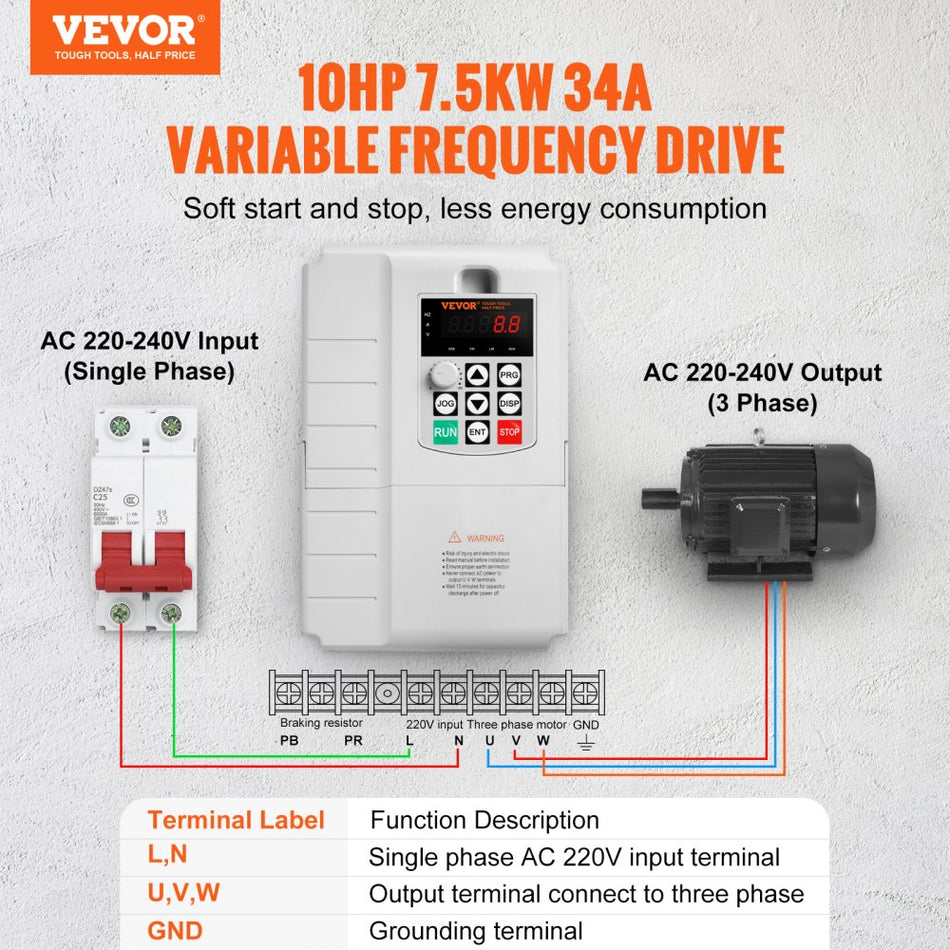 Vfd 75Kw 34A 10Hp Variable Frequency Drive For 3 Phase Motor Speed Control