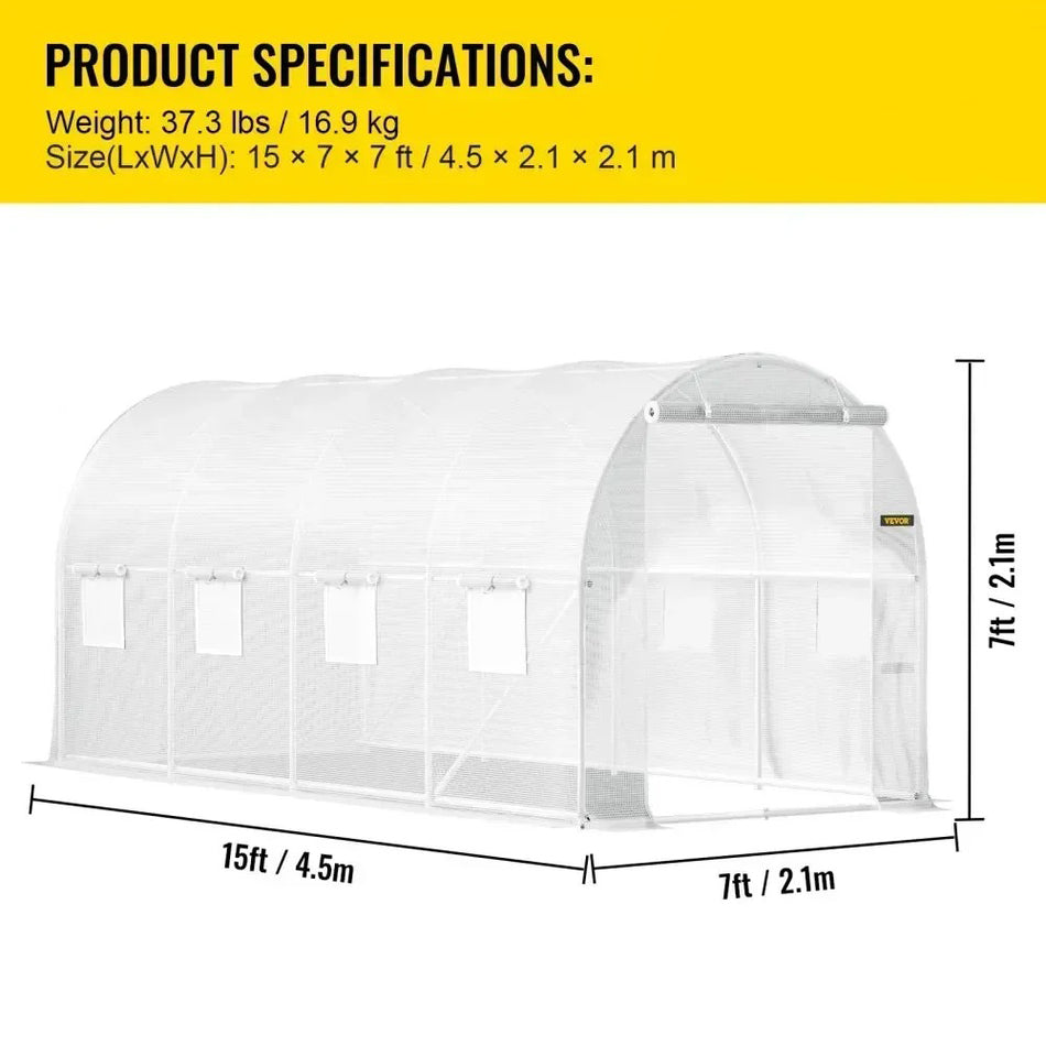 Walk In Tunnel Greenhouse Galvanized Frame Waterproof Cover 15X7X7 Ft Greenhouses Cold Frames White Color
