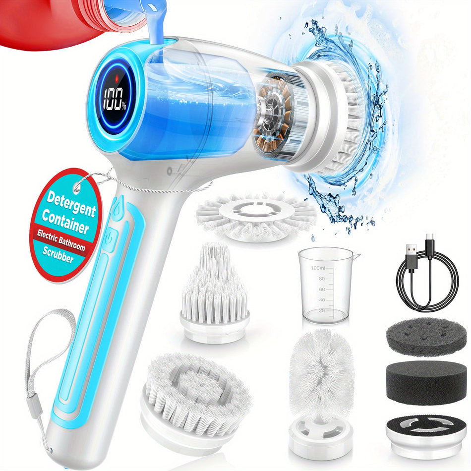 3200Mah Cordless Rechargeable Electric Spin Scrubber   Led Display Screen 8Pcs Replaceable Brush Heads Detergent Container   For Cleaning Tubtilefloorbathroom White Blue