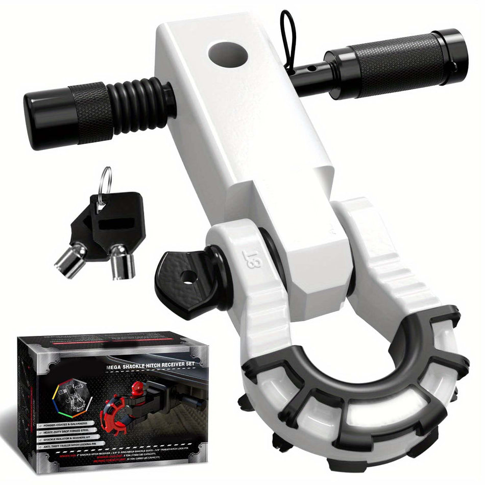 Shackle Hitch Receiver 2 Inch With 34 Mega D Ring Shackle And 58 Trailer Hitch Lock Pin 68 000 Lbs Break Strength Heavy Duty Receiver Kit For Vehicle Recovery White Color