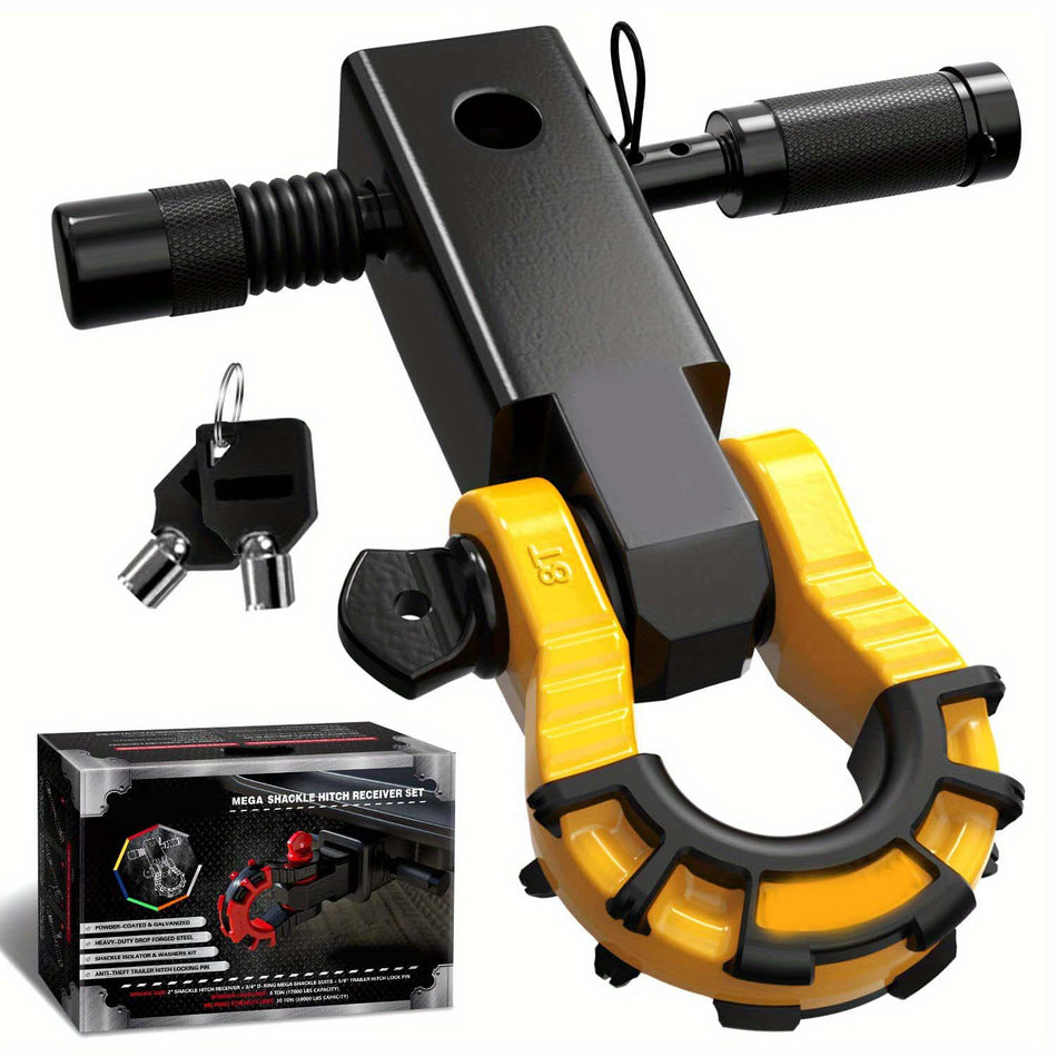 Shackle Hitch Receiver 2 Inch With 34 Mega D Ring Shackle And 58 Trailer Hitch Lock Pin 68 000 Lbs Break Strength Heavy Duty Receiver Kit For Vehicle Recovery Black Yellow Color